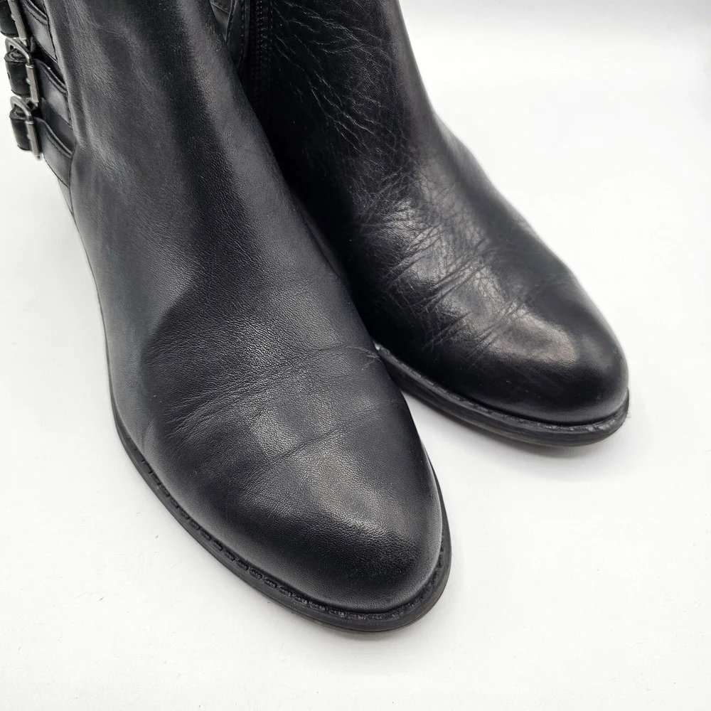 Franco Sarto Cyan Boots Women 6.5 Black Leather Ankle Booties Buckles Block Heel